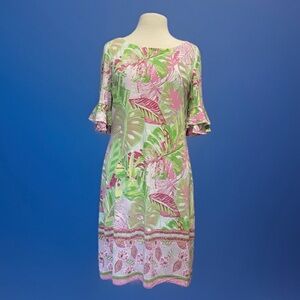 NWT Women’s Pappagallo Green and Pink Tropical Patterned Shift Dress Sz M